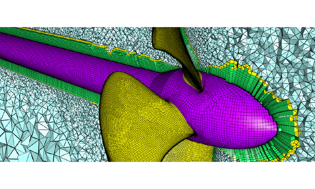 Hybrid unstructured mesh for the Potsdam Propeller Test Case (PPTC) created in Pointwise V18.1. proficiency webinar