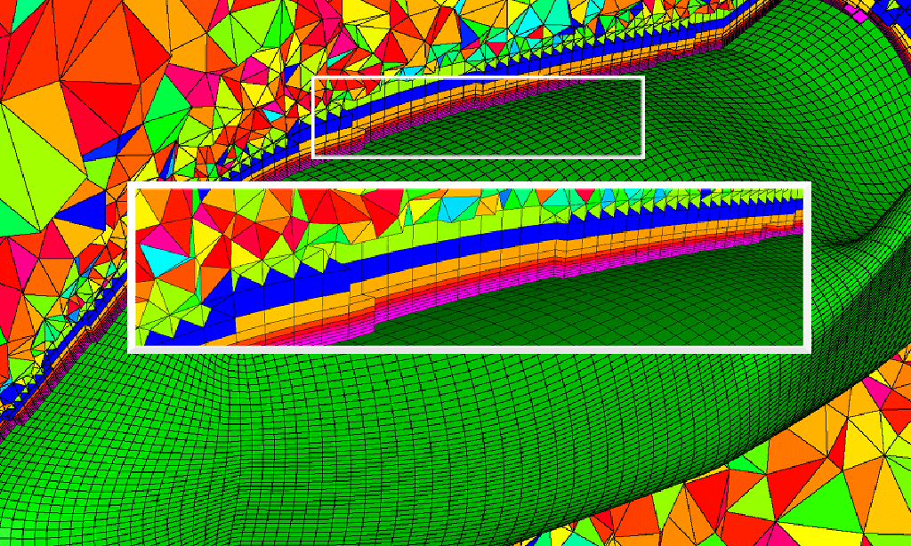 The boundary layer mesh for this X-38 spacecraft was customized using the new Growth Profiles capability. The boundary layer’s hexahedra begin with three layers of cells of constant height (magenta) followed by five layers with a growth rate acceleration of 1.1 (red, orange) after which the cells grow at a constant rate until isotropy is achieved.