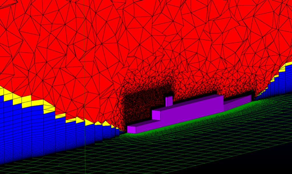 Figure 5 - cross section of mesh showing cell type, with hexa cells in blue, pyramids in yellow, and tets in red. frigate-helipad-unstructured