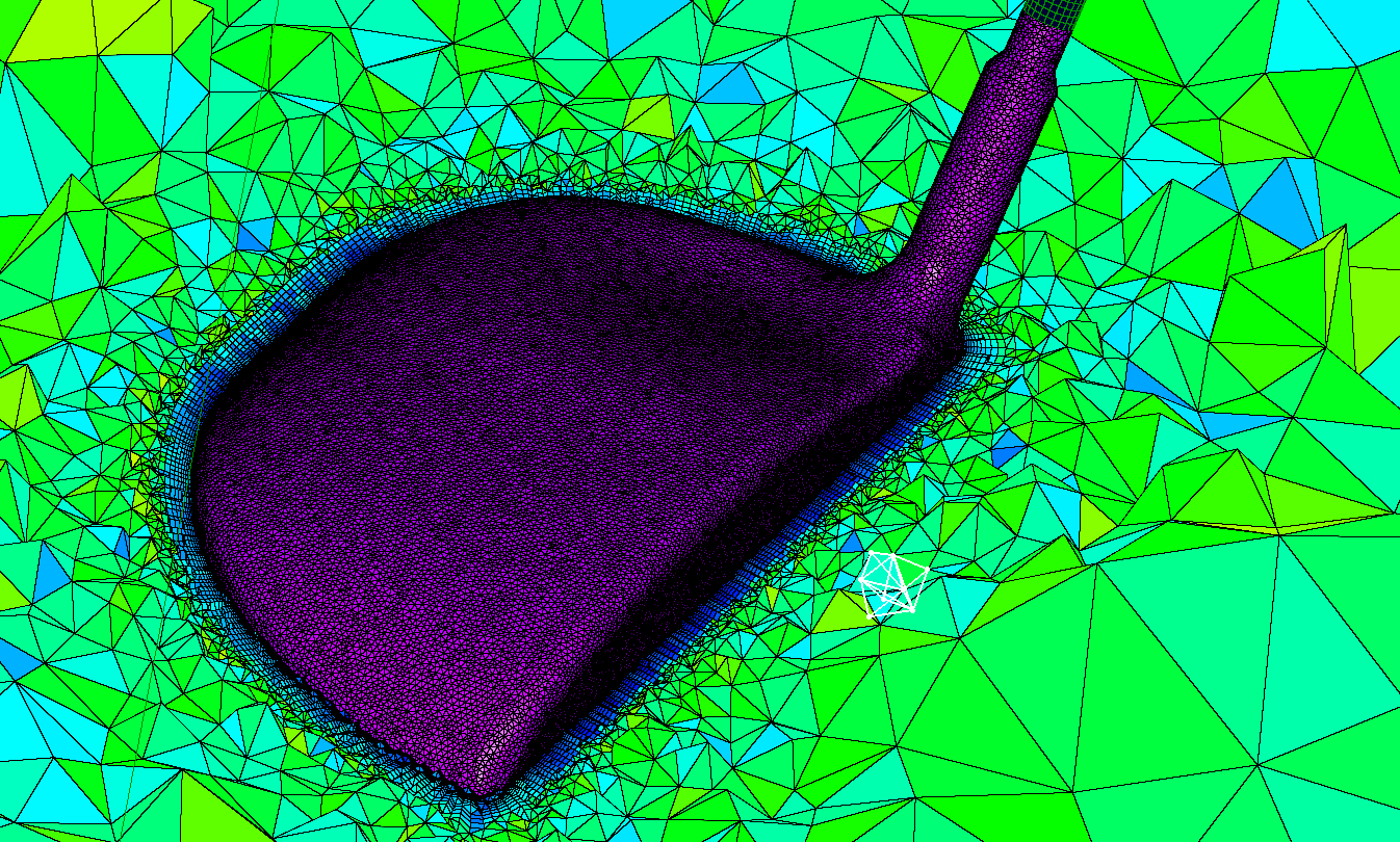 Cut plane of driver head with surface mesh. Blue cells have low non-orthogonality (eg structured mesh)