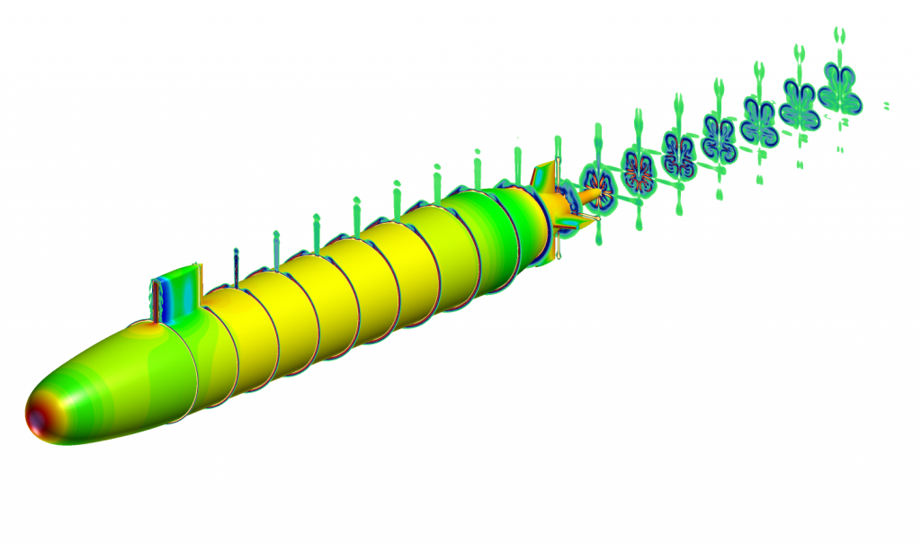 Simulation of the Suboff Submarine showing pressure contours and wake