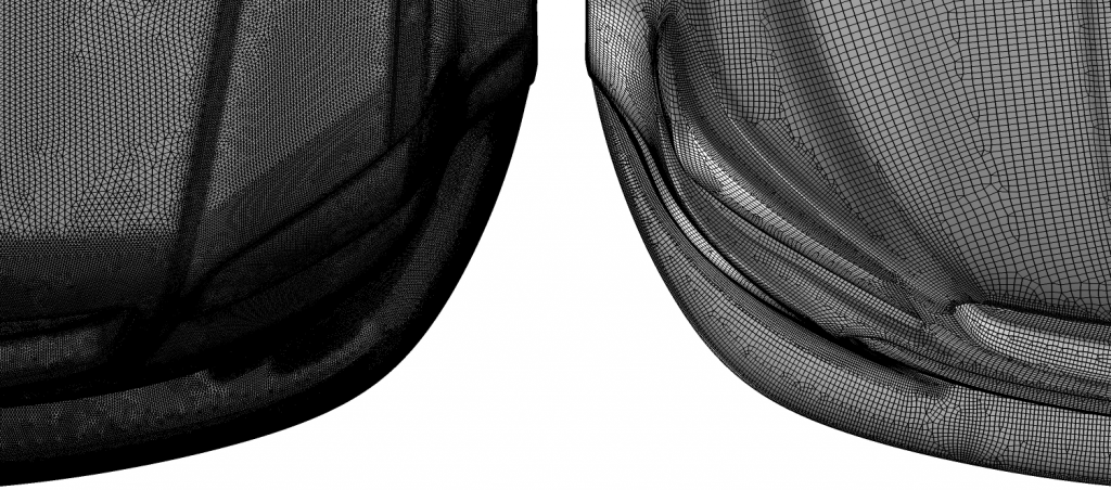 Figure 4 A view of an original 2012 mesh (left) vs. 2018 with quad dominant surface elements.